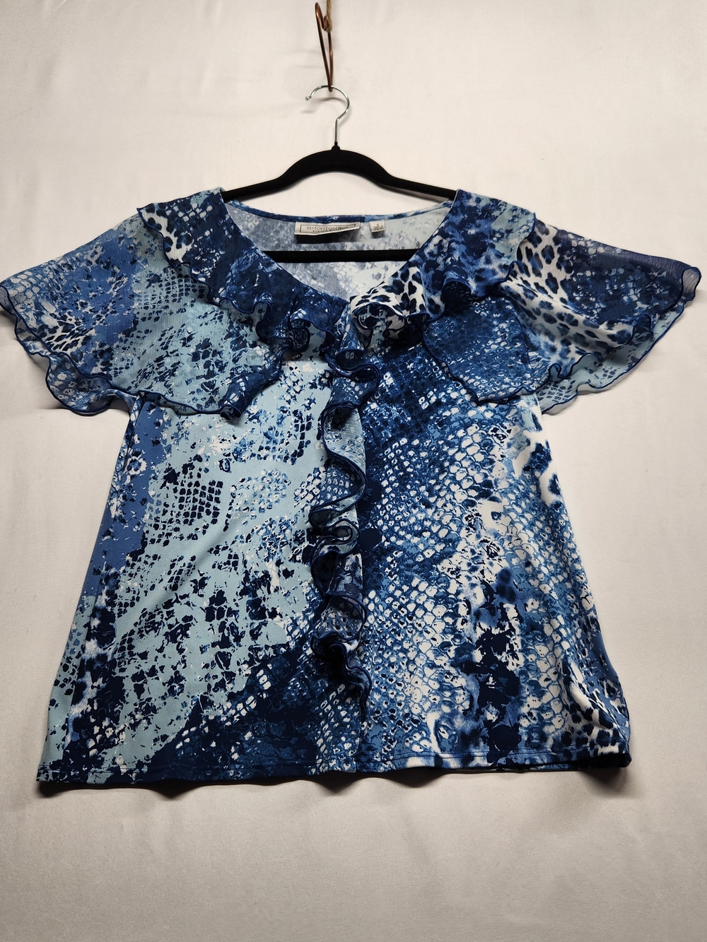 ⭐️Simonton Says George Simonton Blue Snake Print Ruffle Blouse Sm Sheer Flutter